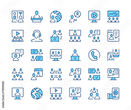 Online conference icons set. Vector line icons. Blue color outline stroke symbols. Modern concepts