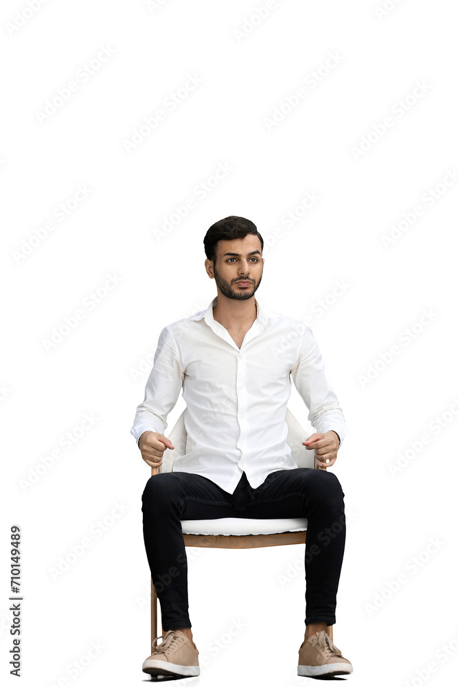 man on a white background sitting on a chair
