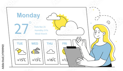 Woman with weather forecast vector linear