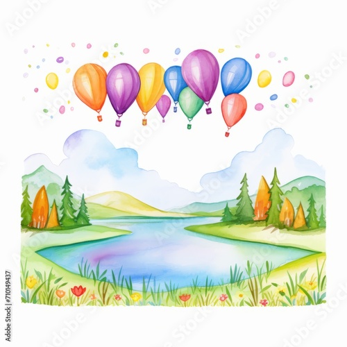 Aquarell einer Fr  hlingslandschaft mit Luftballons Illustration