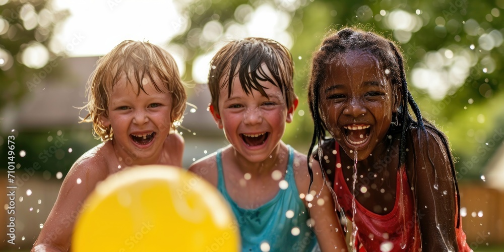 Happy children of different racial backgrounds having a water balloon ...