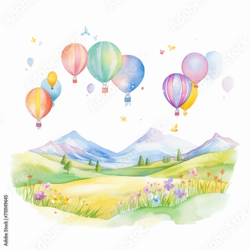 Aquarell einer Frühlingslandschaft mit Luftballons Illustration