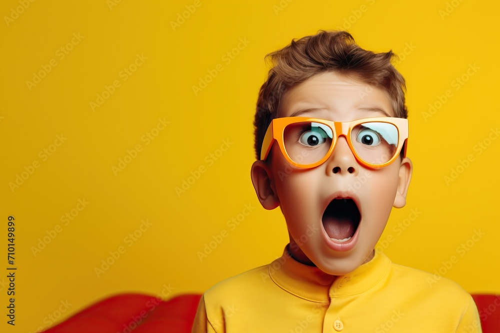 Amazed boy watching movie with popcorn in 3D glasses