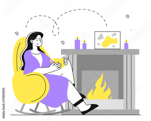 Woman drink coffee at fireplace vector linear