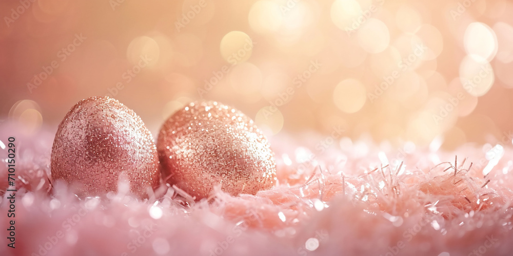 Twinkling Rose Gold Easter Eggs Nestled in Fluffy Pink Bokeh Wonderland. Banner foe Easter with two eggs in glamorous mood. Copy space Twinkling Rose Gold Easter Eggs Nestled in Fluffy Pink Bokeh Wonderland. Banner foe Easter with two eggs in glamorous mood. Copy space