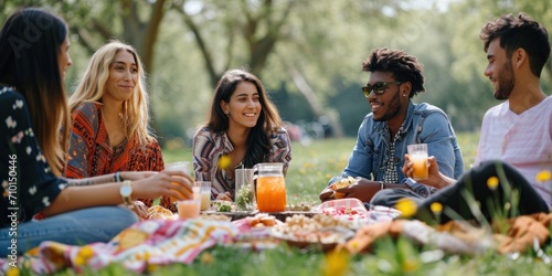 Friends from various backgrounds having a joyful picnic in a sunny park. 