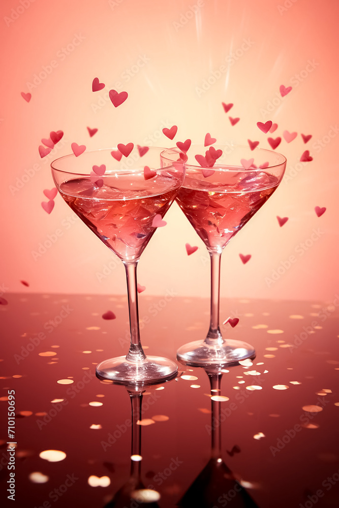Two martini glasses with confetti in the shape of hearts are on the table. Pink background. Two martini glasses with confetti in the shape of hearts are on the table. Pink background.