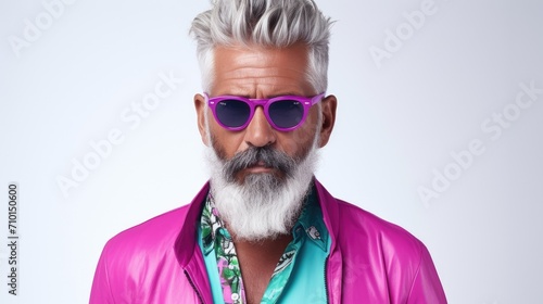 Portrait of bearded age model man with stylish colored hair and beard in fashionable bright glasses. Dyed hair senior men. Hair and beard trendy style for old men. Merman trend, rainbow colored hair © Rodica