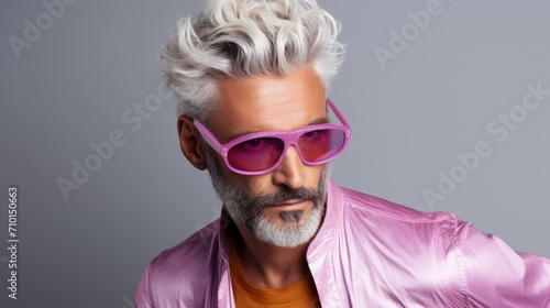 Portrait of bearded age model man with stylish colored hair and beard in fashionable bright glasses. Dyed hair senior men. Hair and beard trendy style for old men. Merman trend, rainbow colored hair © Rodica