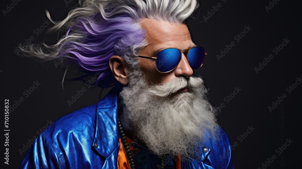 Portrait of bearded age model man with stylish colored hair and beard in fashionable bright glasses. Dyed hair senior men. Hair and beard trendy style for old men. Merman trend, rainbow colored hair