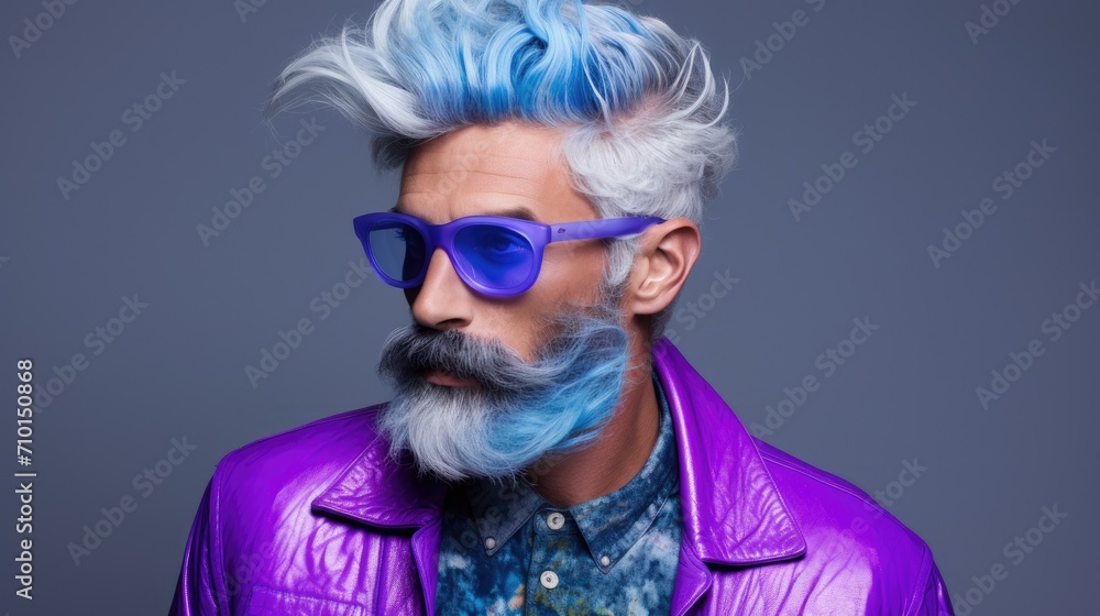 Portrait of bearded age model man with stylish colored hair and beard in fashionable bright glasses. Dyed hair senior men. Hair and beard trendy style for old men. Merman trend, rainbow colored hair Portrait of bearded age model man with stylish colored hair and beard in fashionable bright glasses. Dyed hair senior men. Hair and beard trendy style for old men. Merman trend, rainbow colored hair