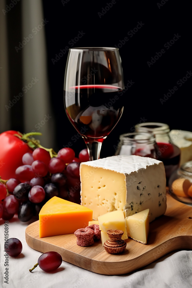 Gourmet wine and cheese on rustic wooden table, generated by AI Gourmet wine and cheese on rustic wooden table, generated by AI