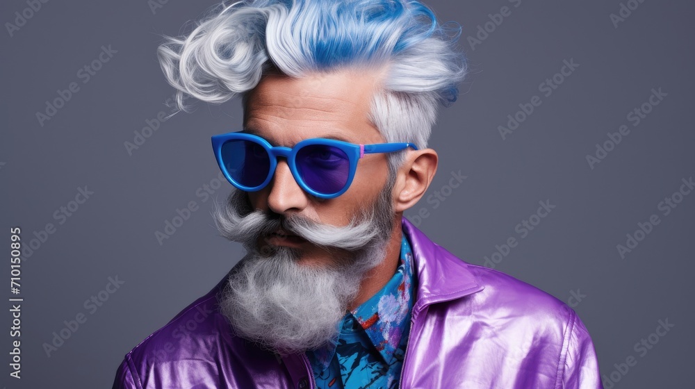 Portrait of bearded age model man with stylish colored hair and beard in fashionable bright glasses. Dyed hair senior men. Hair and beard trendy style for old men. Merman trend, rainbow colored hair Portrait of bearded age model man with stylish colored hair and beard in fashionable bright glasses. Dyed hair senior men. Hair and beard trendy style for old men. Merman trend, rainbow colored hair