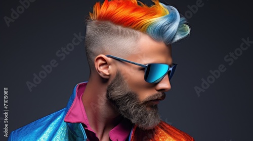 Portrait of bearded middle age model man with colorful stylish hair. Hair color for men. Hair style for men. Man with stylish beard photo