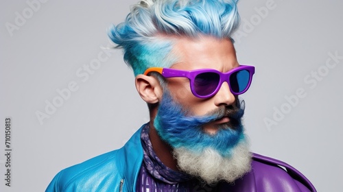 Portrait of bearded middle age model man with colorful stylish hair. Hair color for men. Hair style for men. Man with stylish beard © Rodica