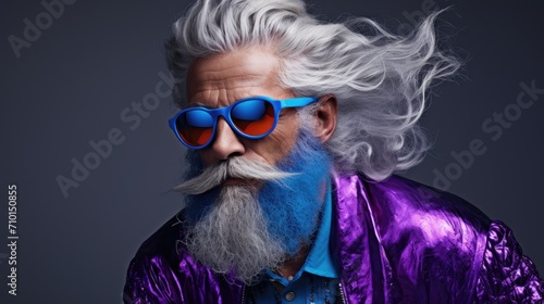 Portrait of bearded age model man with stylish colored hair and beard in fashionable bright glasses. Dyed hair senior men. Hair and beard trendy style for old men. Merman trend  rainbow colored hair