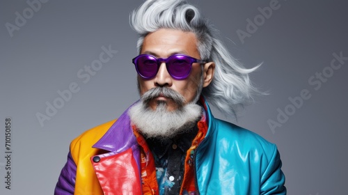Portrait of Japanese bearded age model man with colorful stylish hair. Hair color for middle aged men. Hair and beard style for men