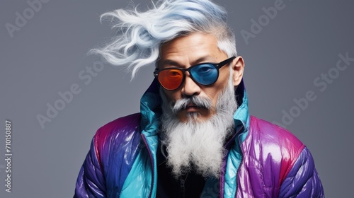 Portrait of Japanese bearded age model man with colorful stylish hair. Hair color for middle aged men. Hair and beard style for men © Rodica