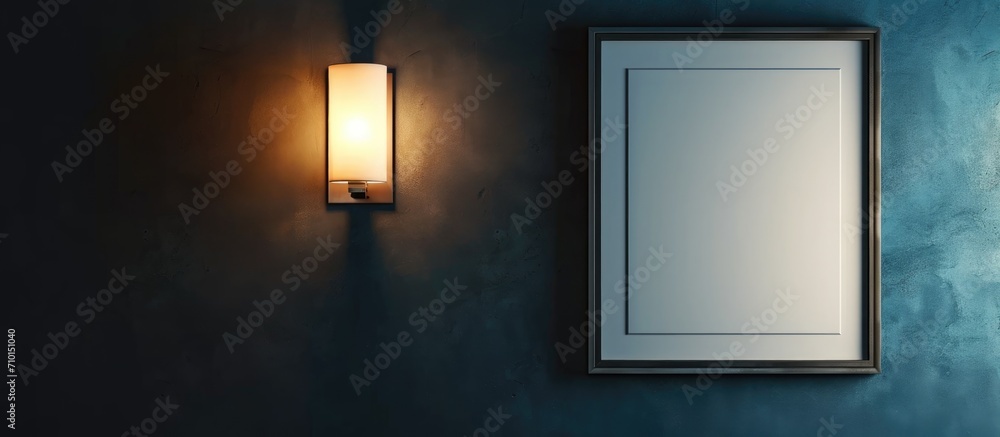 Wall lamp illuminating white frame on wall. Wall lamp illuminating white frame on wall.