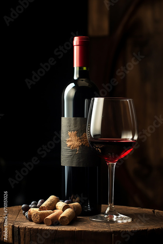 Luxury wine bottle on wooden table, celebration glass, generated by AI