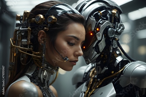 Photo einer Frau mit einem Roboter