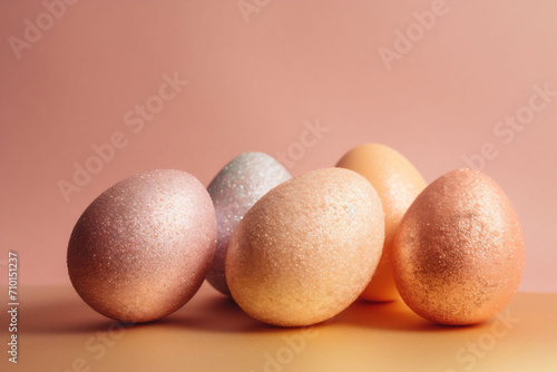 Copper Toned Easter Eggs Arrayed on a Peach-Hued Surface, Glowing Under Soft Ambient Light photo