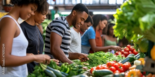 diverse group of shoppers, including African Americans, browsing fresh produce at a local market photo