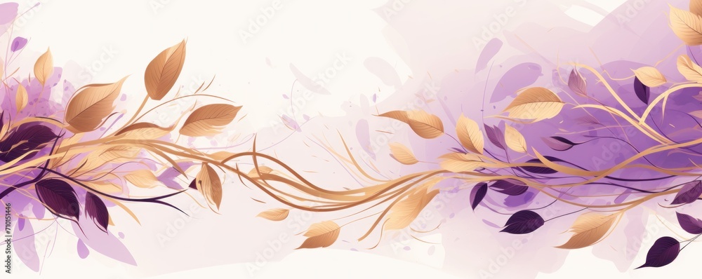 Abstract botanical background with tree branches and leaves in line art. Orange and golden leaf, brush, line, splash of paint