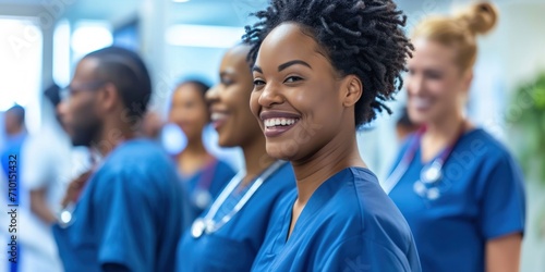 African American team of nurses working together in a busy hospital © DailyStock