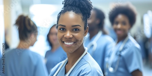 African American team of nurses working together in a busy hospital photo