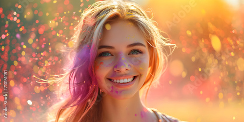 Portrait of a Beautiful Woman, her face is covered with colorful powders