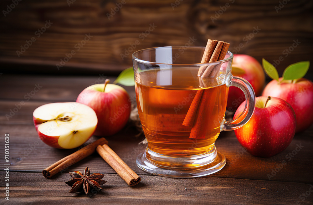 A glass glass of refreshing, cool apple cider with apples and cinnamon on a rustic wooden table. A glass glass of refreshing, cool apple cider with apples and cinnamon on a rustic wooden table.