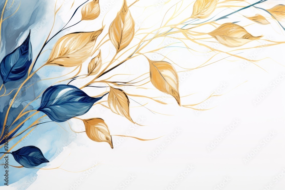 Abstract botanical background with tree branches and leaves in line art. Azure and golden leaf, brush, line, splash of paint