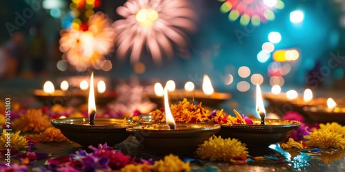 Diwali festival with fireworks and candlelit lamps