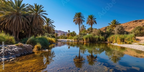 desert oasis with palm trees and a clear blue sky