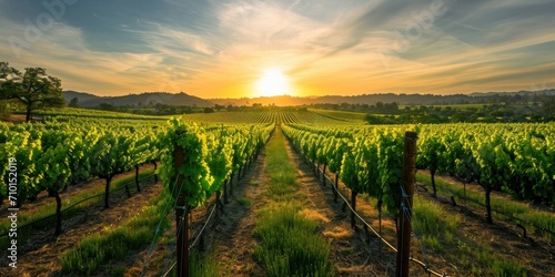 vineyard with rows of grapevines and a sunset backdrop