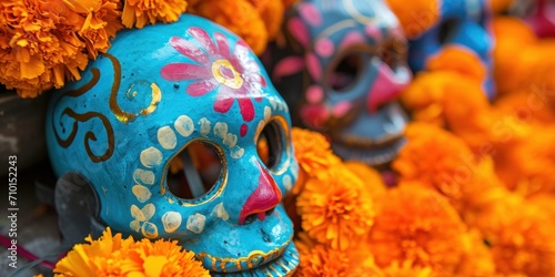 colorful Dia de los Muertos celebration with masks and marigolds