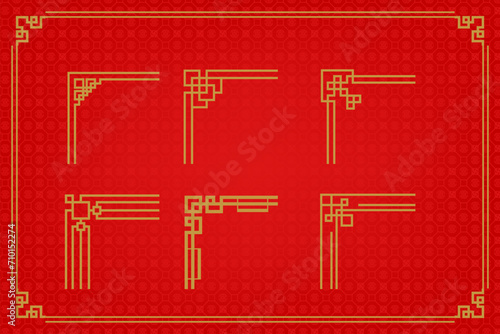 Chinese frame or border set on red background. traditional asian ornaments, golden oriental