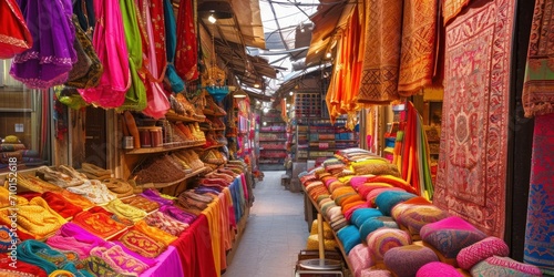 A vibrant Indian marketplace with colorful fabrics and spices on display © DailyStock