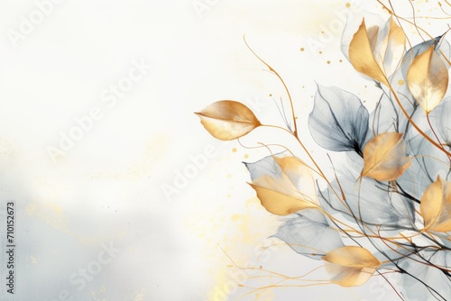 Abstract botanical background with tree branches and leaves in line art. Pearl and golden leaf, brush, line, splash of paint 