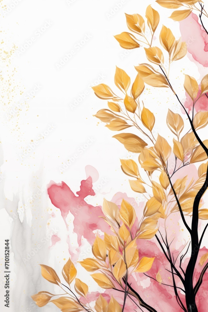 Abstract botanical background with tree branches and leaves in line art. Ivory and golden leaf, brush, line, splash of paint