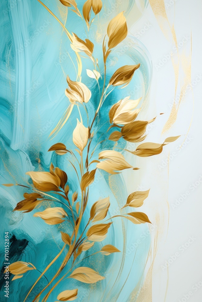 Abstract botanical background with tree branches and leaves in line art. Turquoise and golden leaf, brush, line, splash of paint