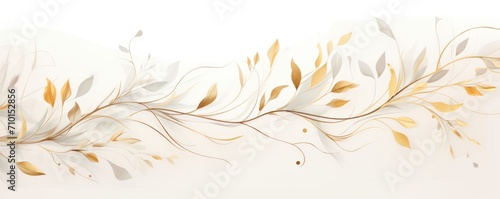 Abstract botanical background with tree branches and leaves in line art. Ivory and golden leaf, brush, line, splash of paint © Lenhard