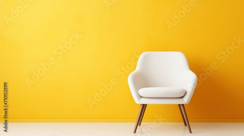 Modern white velour chair on wooden legs isolated on yellow background copy space. AI generated image