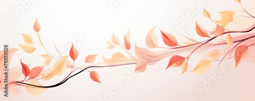 Abstract botanical background with tree branches and leaves in line art. Peach and golden leaf  brush  line  splash of paint 