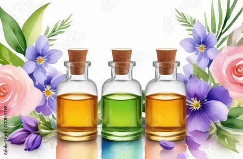 beauty herbal product. three unbranded essence oil bottles on floral watercolor background.