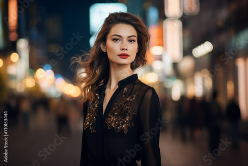 A sophisticated woman in a black blouse, standing confidently against the backdrop of a bustling city, her eyes reflecting the vibrant energy of urban life