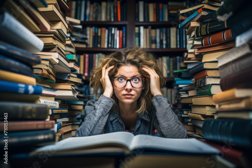 A Passionate Librarian Immersed in Knowledge, Surrounded by Stacks of Books, with Reading Glasses Perched on Her Nose, Lost in the World of Literature