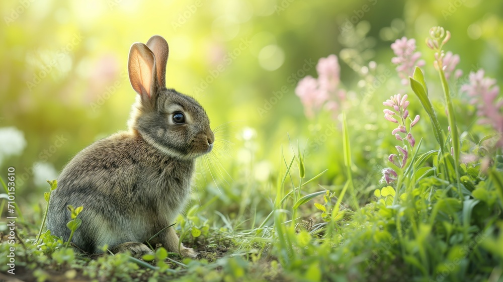 Bunny in a spring meadow with soft sunlight filtering through Bunny in a spring meadow with soft sunlight filtering through