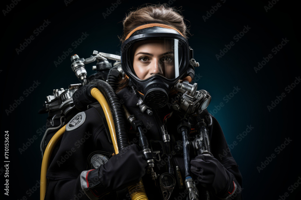 Portrait of a Determined Female Marine Biologist, Dressed in Deep-Sea Diving Gear, Ready to Explore the Mysteries of the Ocean Depths